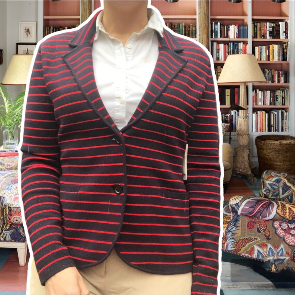 NWT 1901 Wool-Blend Preppy Fitted Knit Red and Navy Stripe Blazer, Size S
